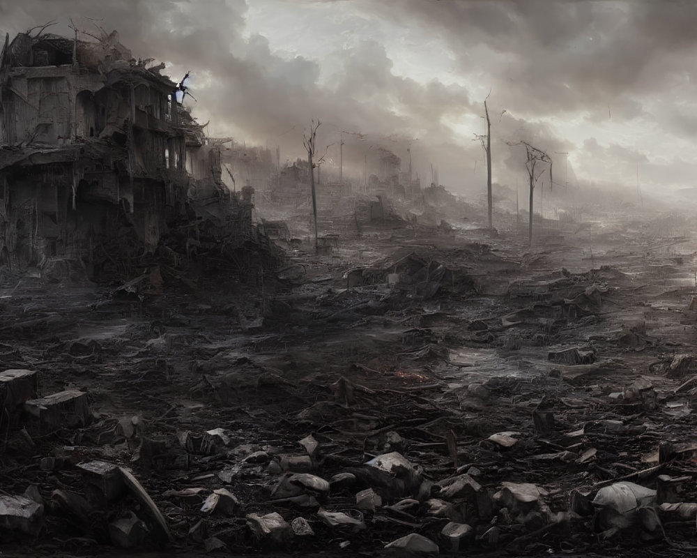 Desolate post-apocalyptic landscape with ruins and debris under dark sky