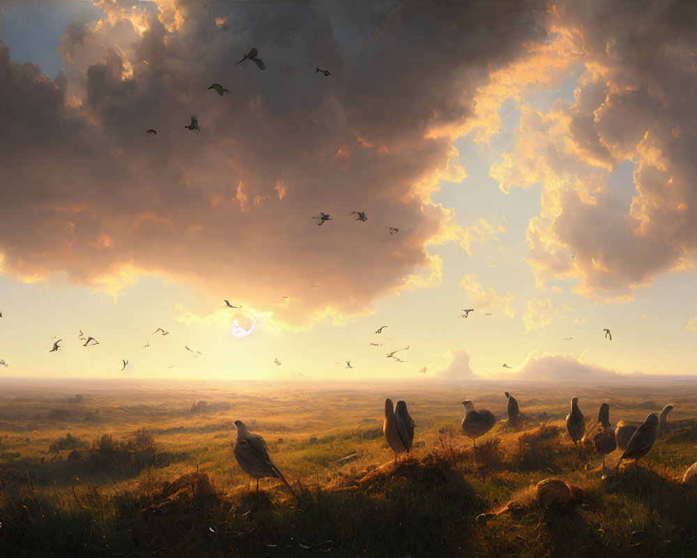 Tranquil sunset with golden hues over serene landscape and flying flock