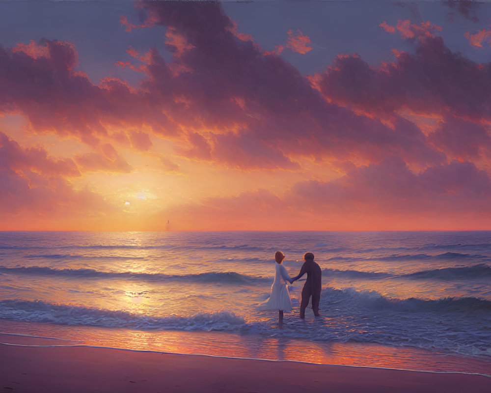 Romantic couple holding hands on beach at sunset with dramatic cloudy sky