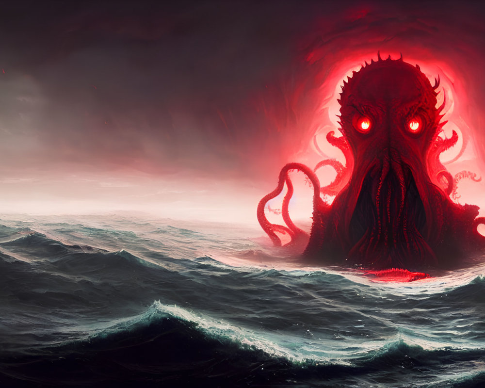 Giant Red-Eyed Sea Creature Emerges from Stormy Ocean