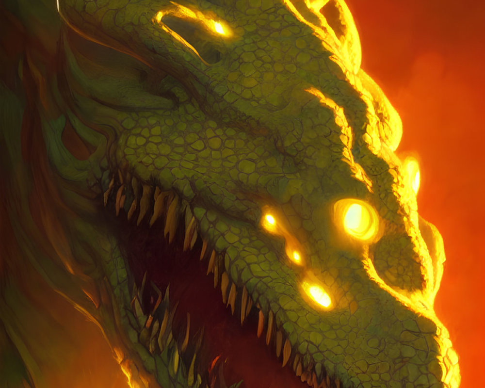 Glowing green dragon with sharp teeth and fiery eyes.