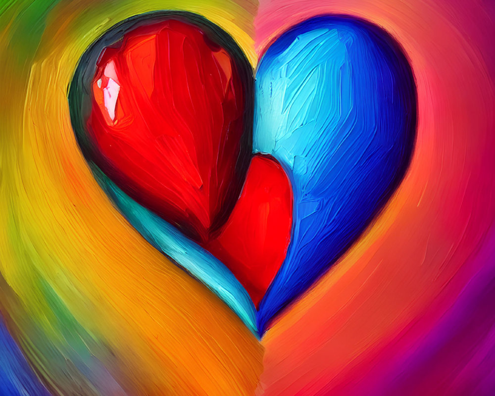 Intertwined red and blue hearts on vibrant rainbow background in thick impasto style