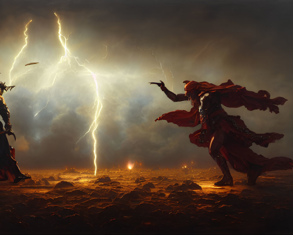 Fantasy warriors confront on apocalyptic battlefield with lightning.