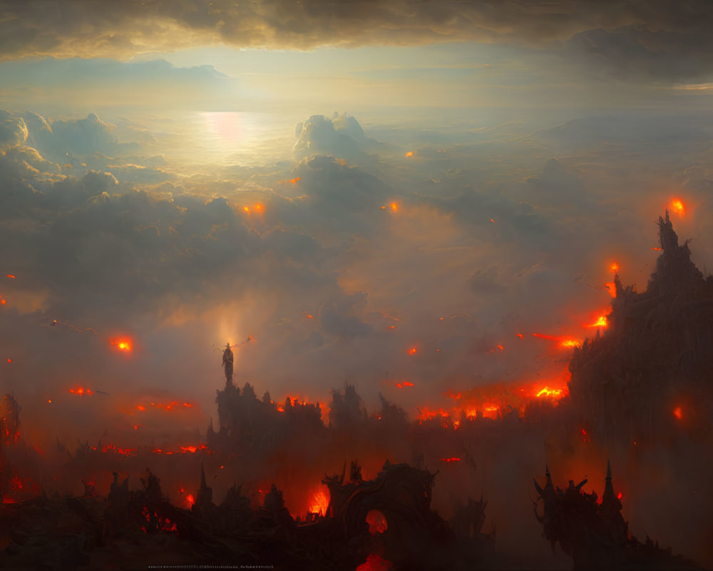 Fiery landscape with flowing lava amidst ruins at sunset