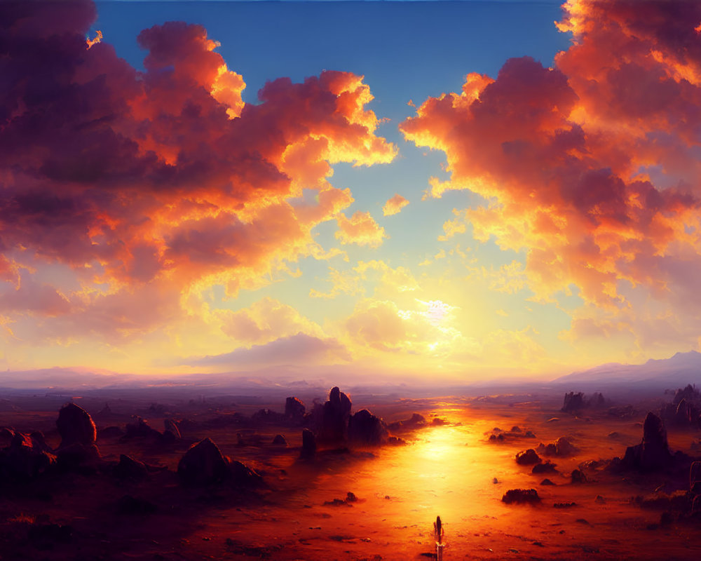 Solitary Figure in Sunlit Landscape with Golden-Hued Clouds