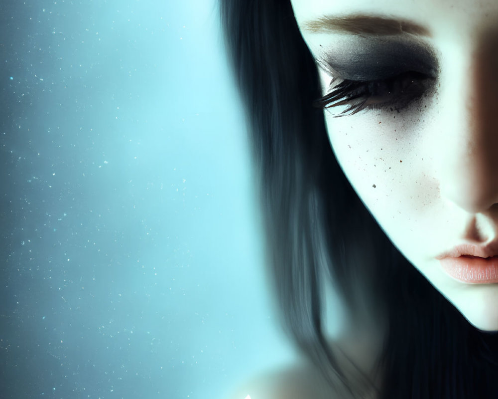 Melancholic figure with black hair and dark makeup gazes at a lone flame in digital portrait