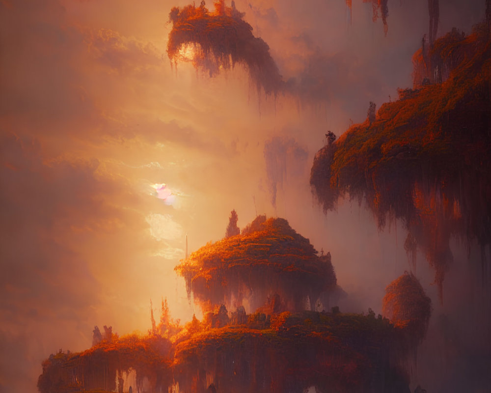 Surreal landscape with floating islands and mystical creatures at twilight