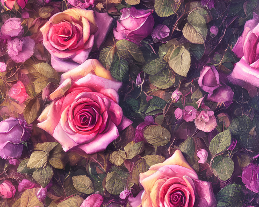 Pink Roses with Green Leaves and Purple Flowers in Dense Floral Pattern