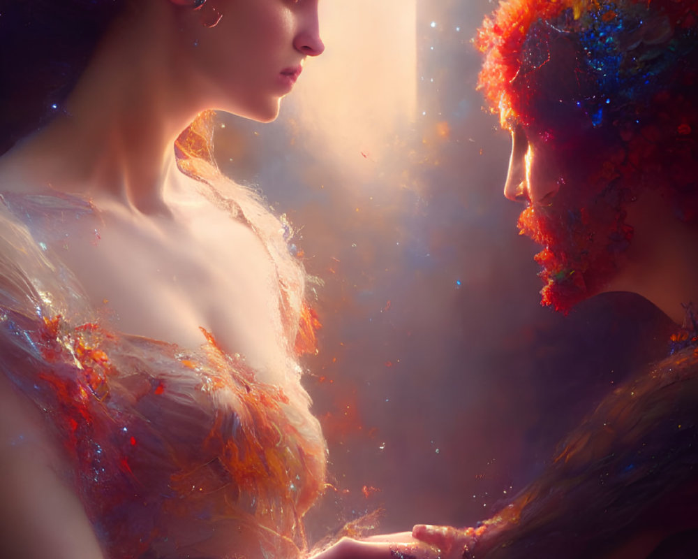 Ethereal figures with vibrant, colorful textures touching hands in warm, glowing light