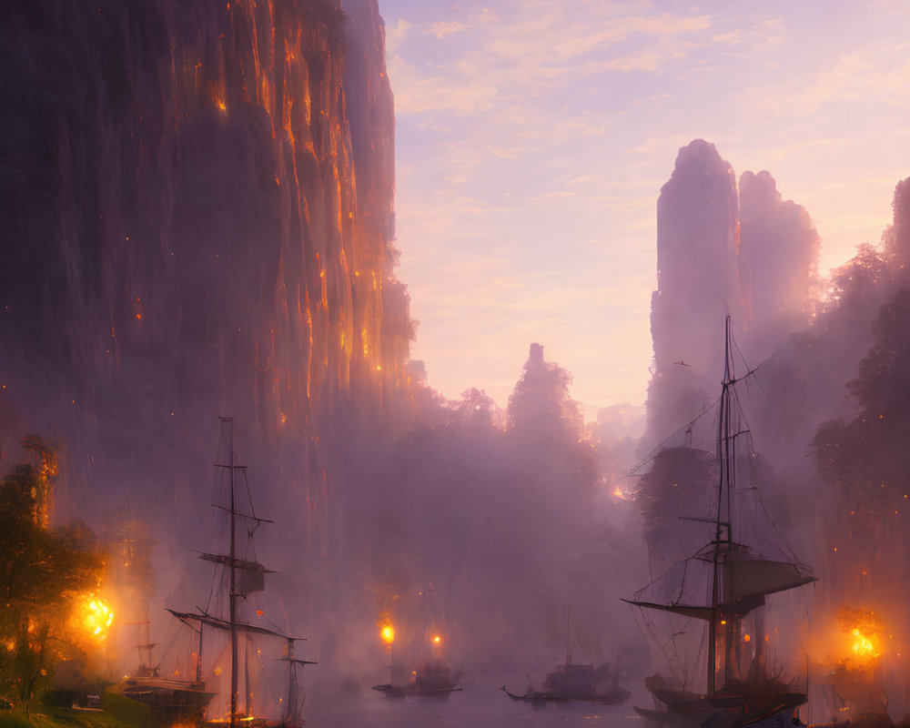Mystical river scene at dusk with tall ships, glowing lights, and misty cliff faces