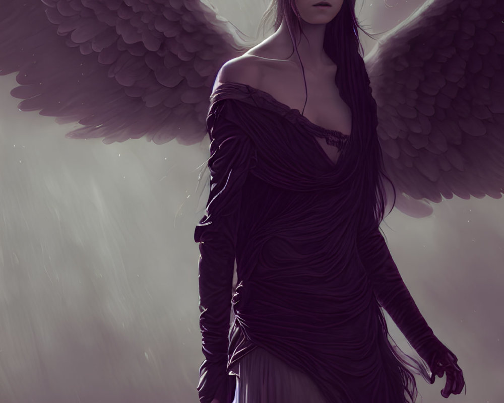 Melancholic angel under full moon with large wings
