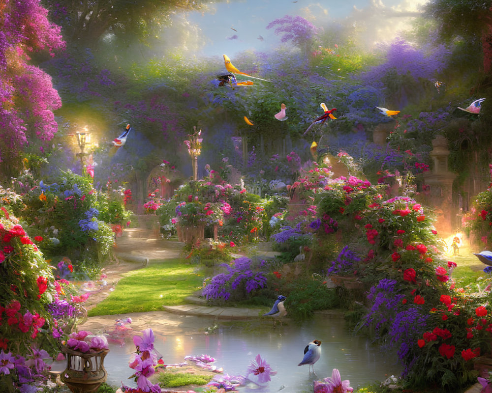 Colorful Flower Garden with Stream and Birds in Soft Sunlight