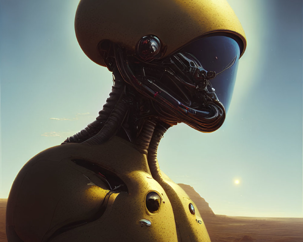 Golden humanoid robot in desert landscape under celestial sky