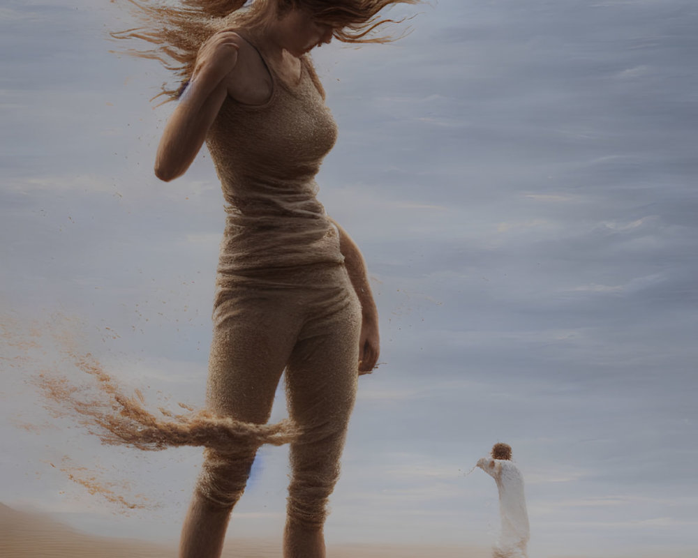 Woman disintegrating into sand in desert with white dog viewing