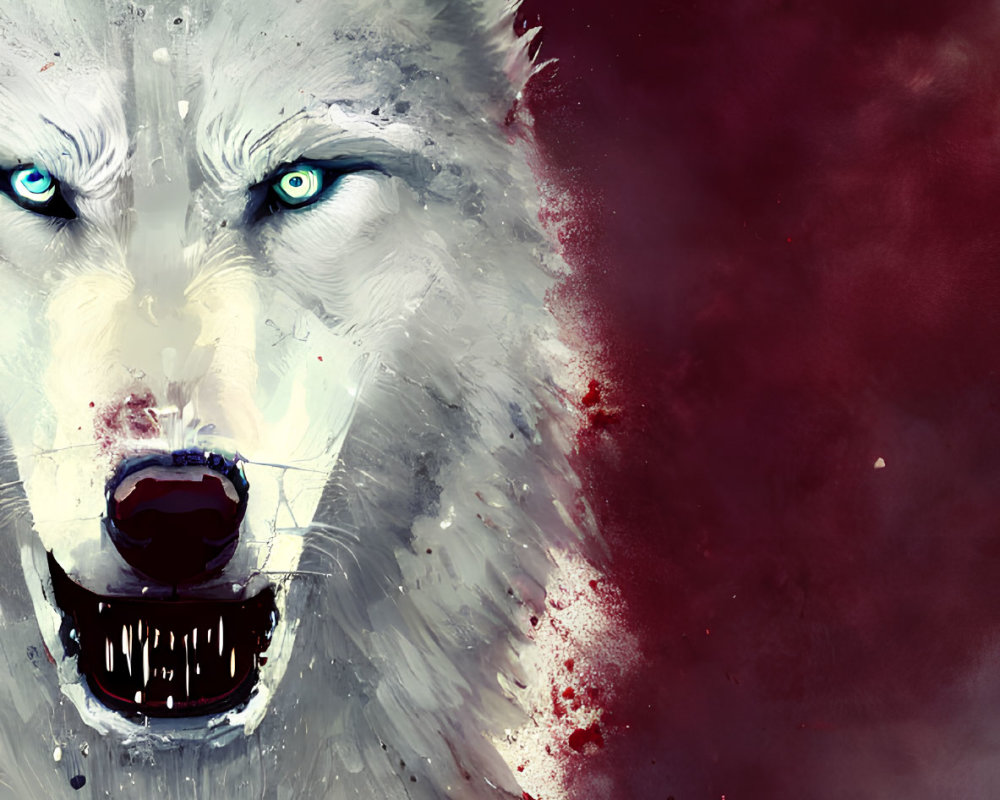 White Wolf Digital Painting with Blue Eyes on Dark Red Background