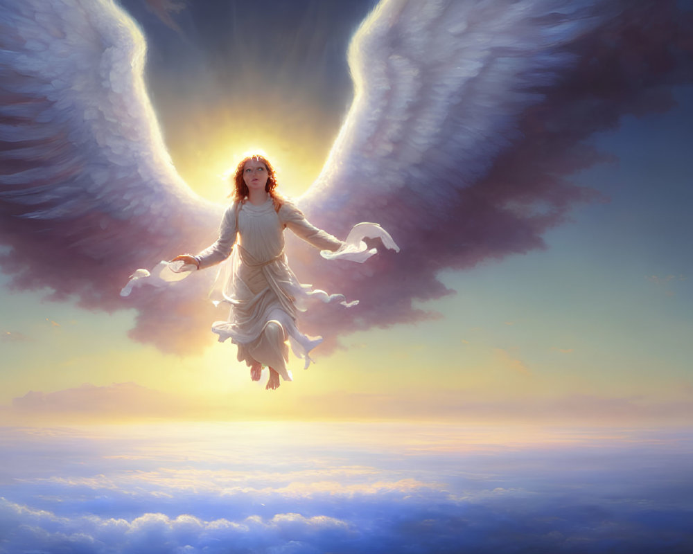 Radiant winged figure in golden light soaring above clouds