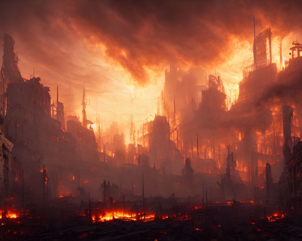 Dystopian cityscape at sunset with burning ruins and fiery sky