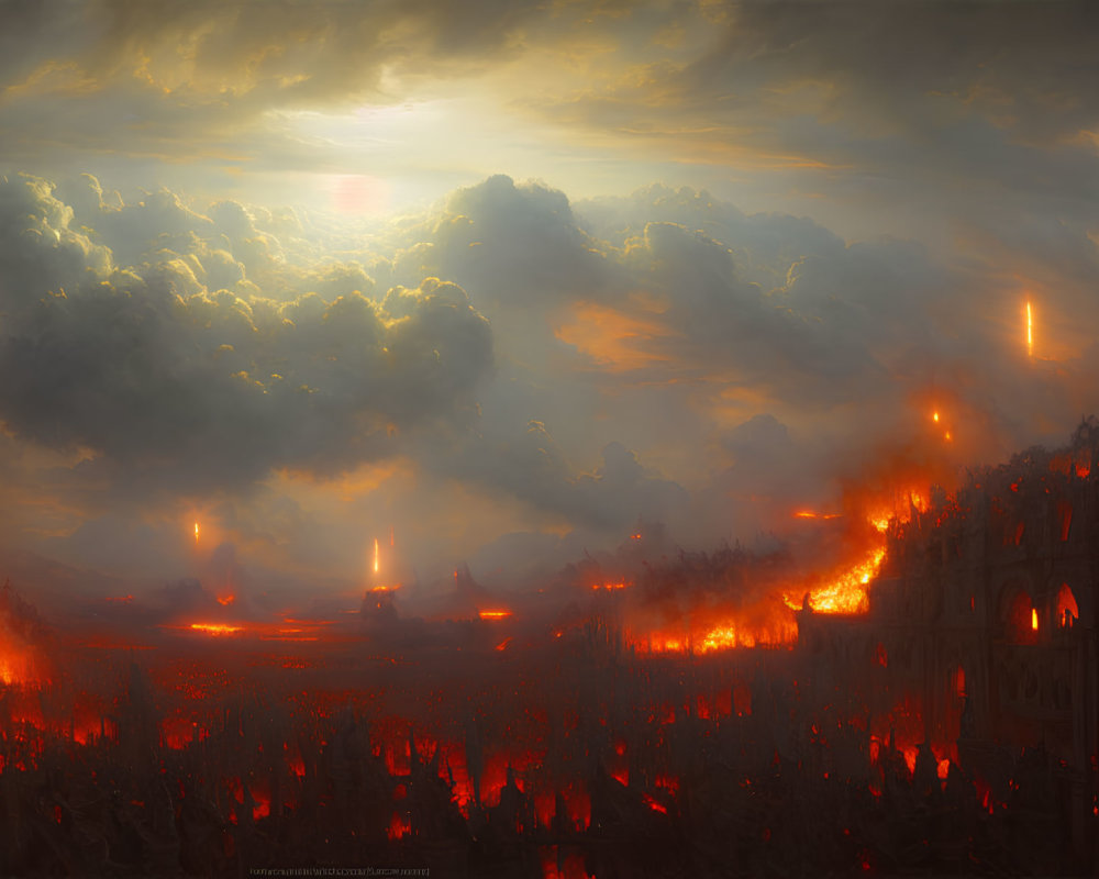 Glowing red sky over fiery landscape and engulfed structures