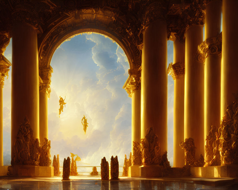 Ornate Hall with Golden Columns and Sky View of Floating Figures