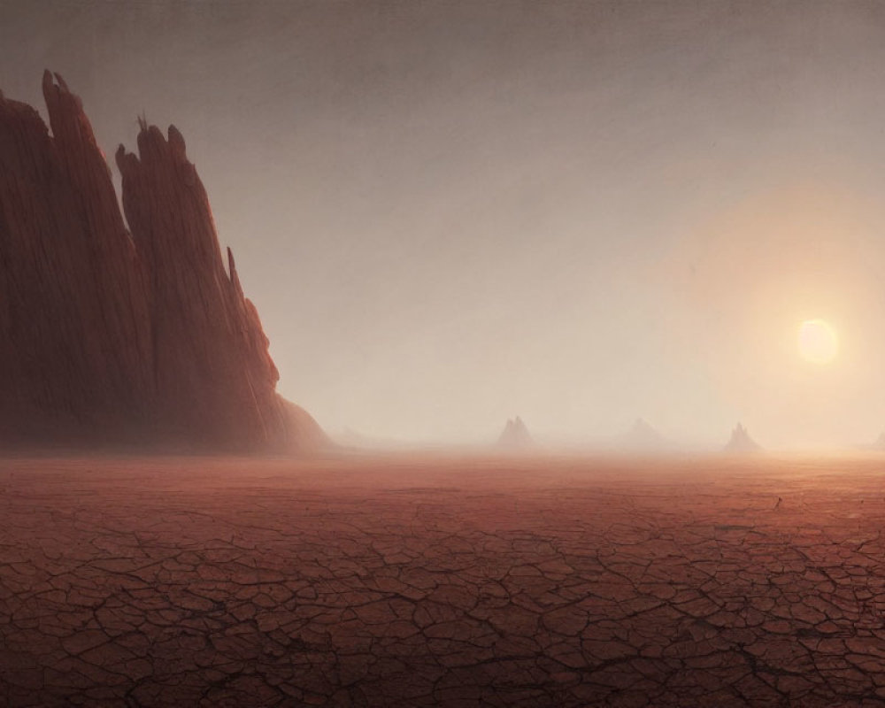 Barren desert landscape with cracked ground, rock formations, and figure under dusky sky
