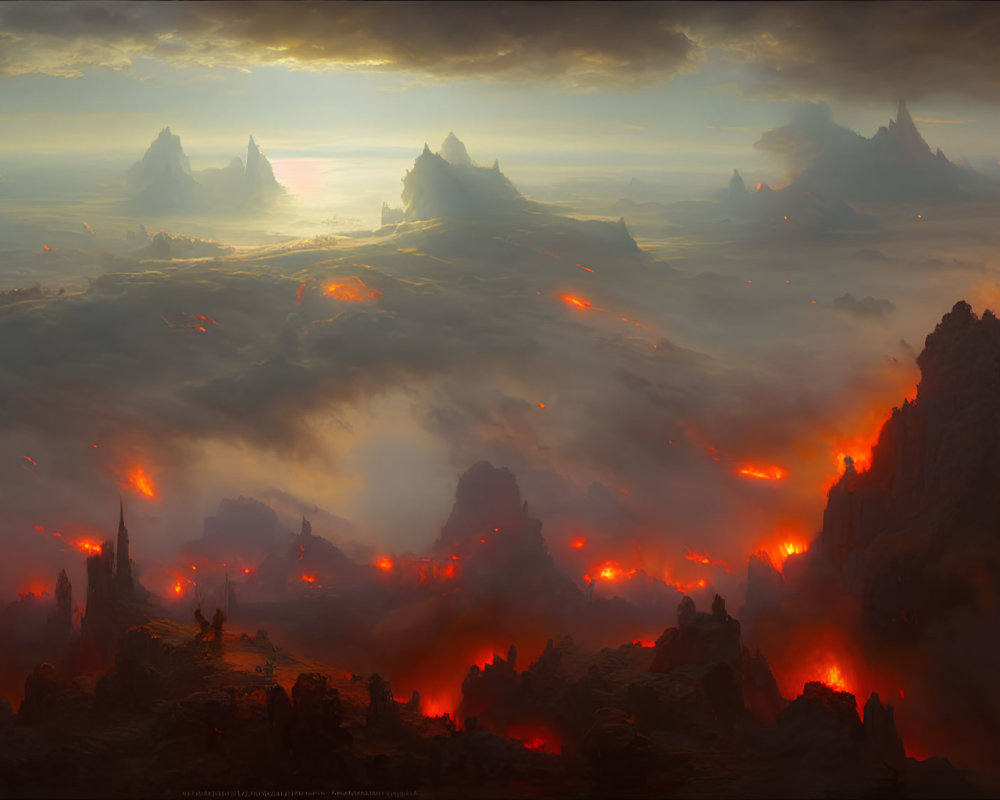 Expansive volcanic landscape under fiery sunset