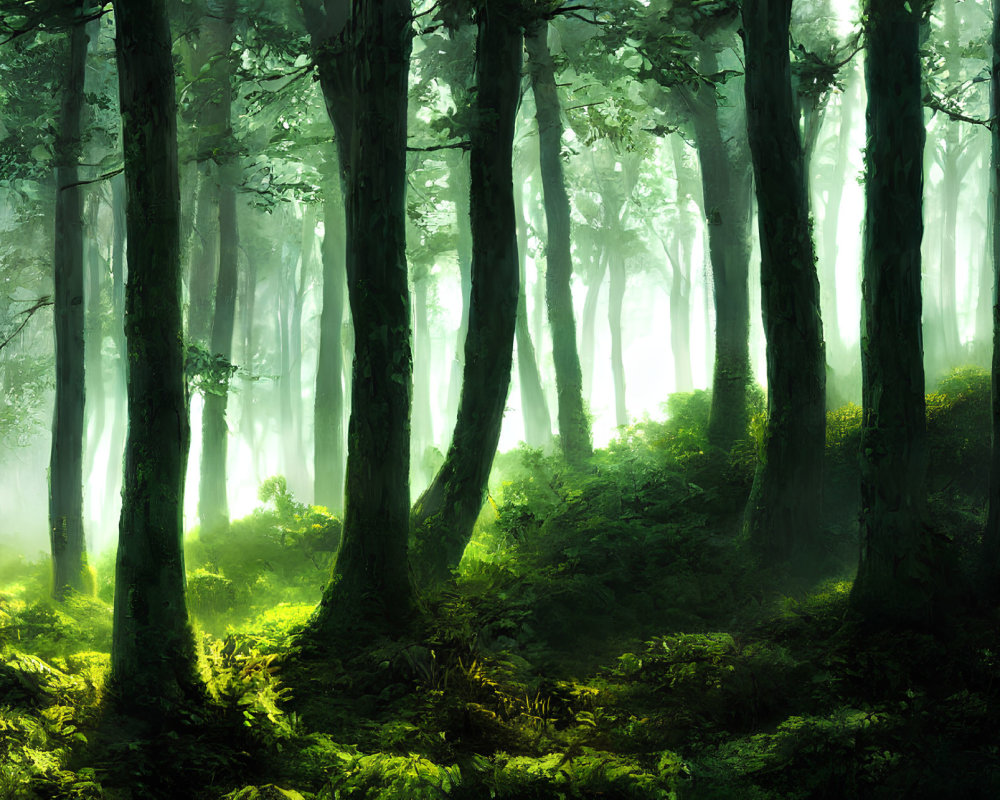 Lush green forest with tall trees and vibrant undergrowth