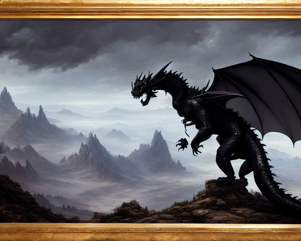 Black Dragon Perched on Cliff Amid Stormy Mountains