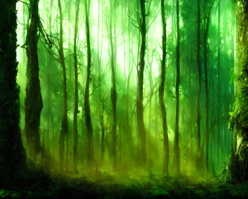 Sunlit Green Forest: Mystical Atmosphere & Dense Trees