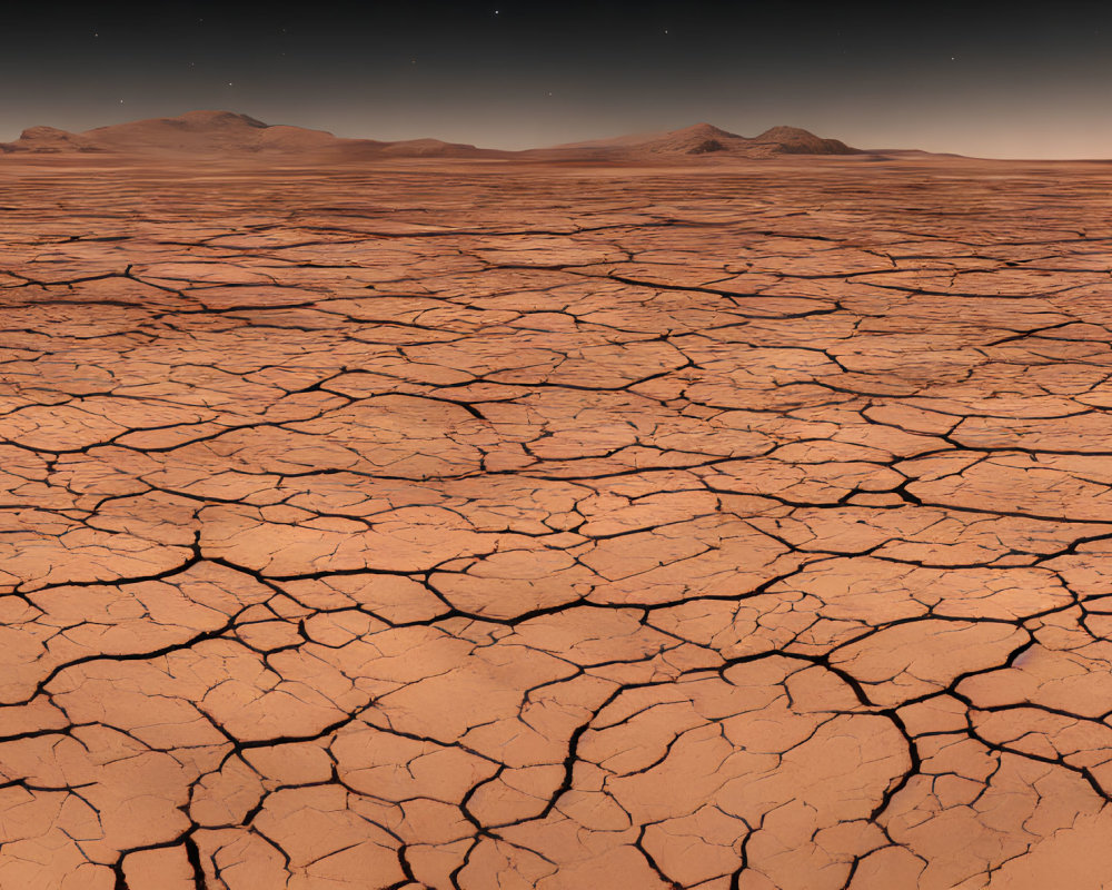 Barren Landscape with Cracked Soil and Reddish Sky