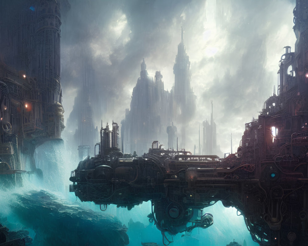 Futuristic cityscape with skyscrapers, waterfalls, and blue lighting