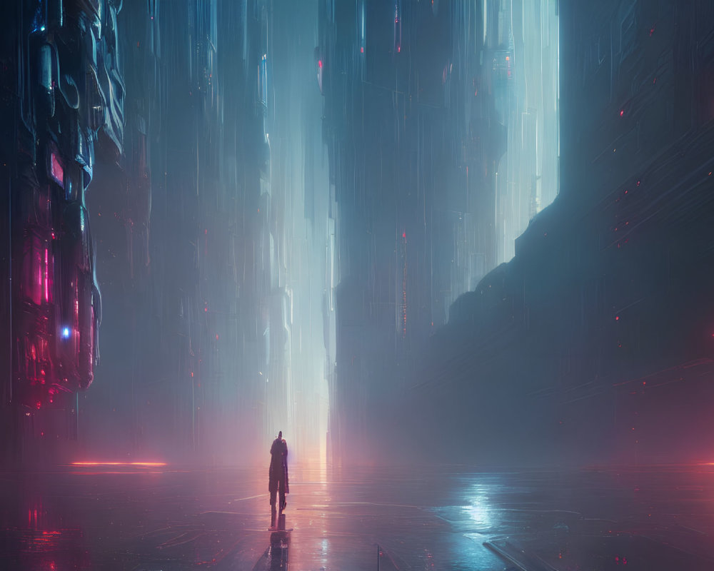 Solitary figure in futuristic cityscape with illuminated structures