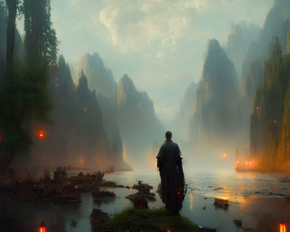 Misty landscape with cliffs, river, and glowing lanterns at dusk