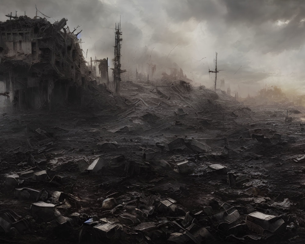 Desolate post-apocalyptic landscape with ruined buildings and debris