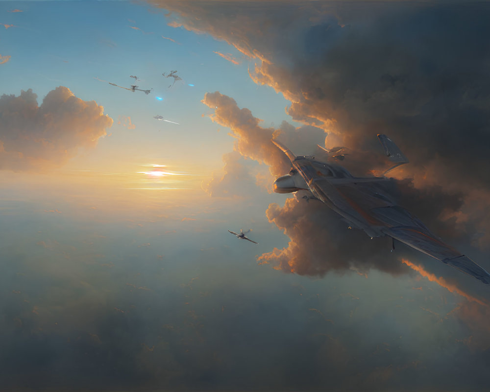 Dramatic sunset sky with futuristic aircraft flying high.