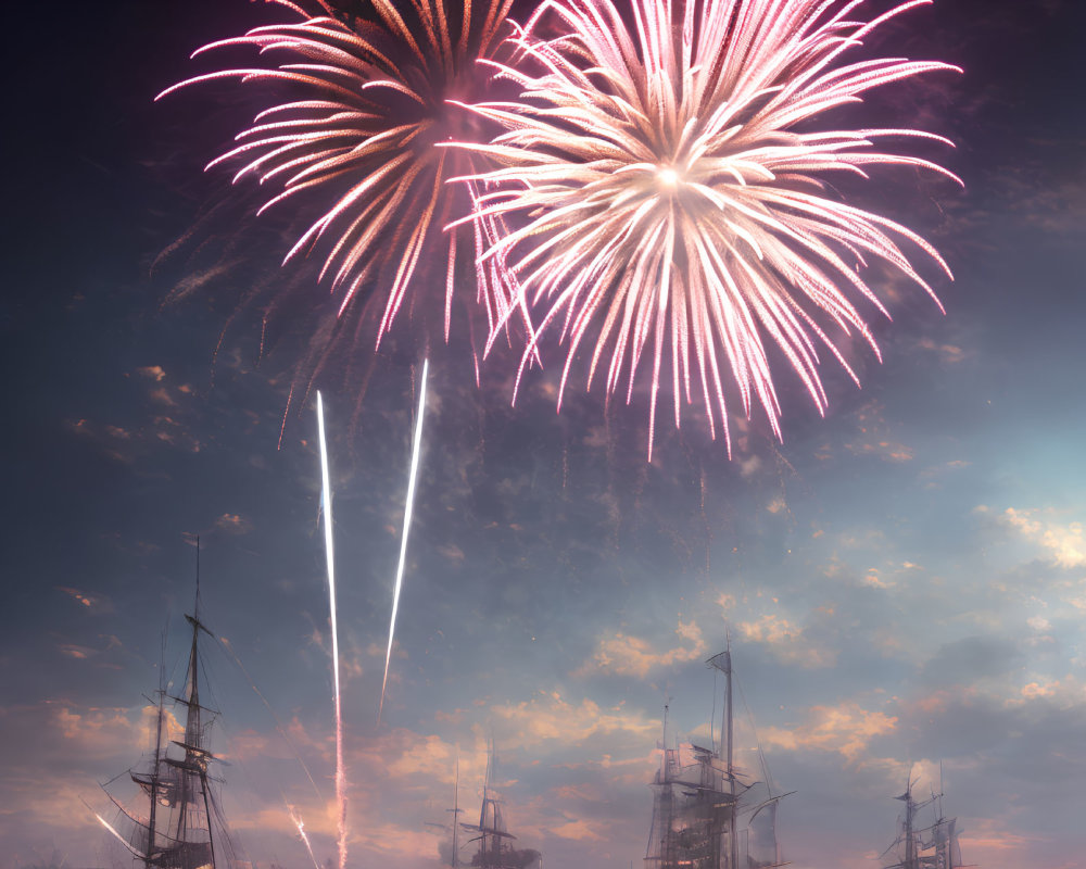 Colorful fireworks illuminate twilight sky over silhouetted ships