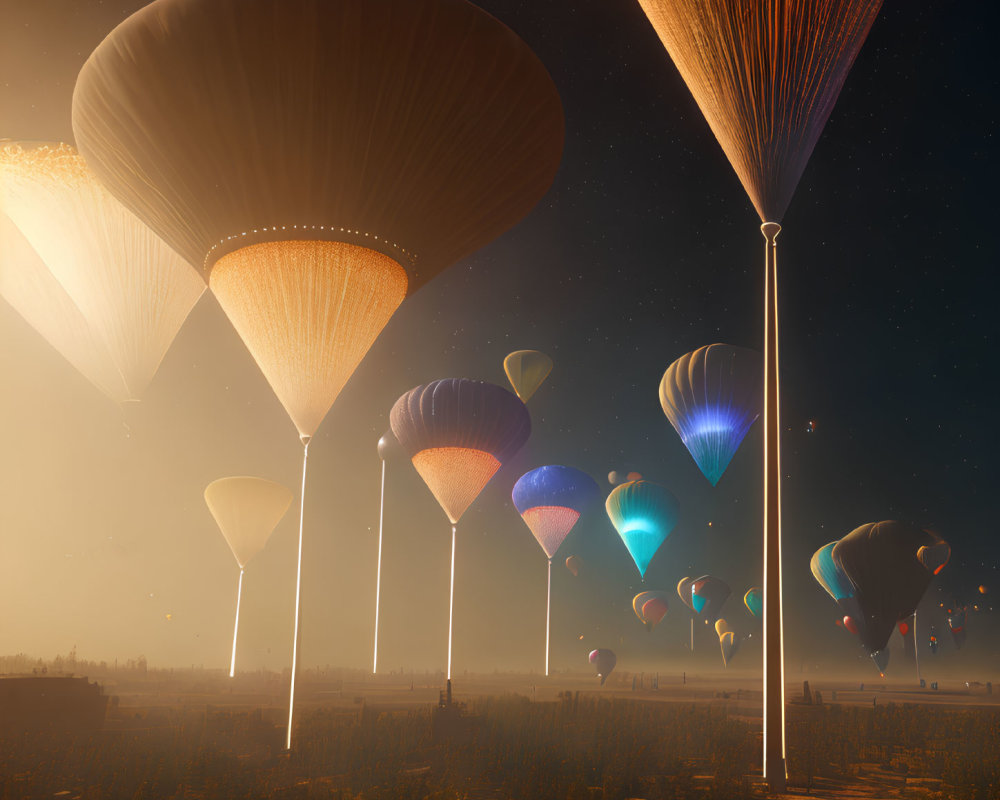 Ethereal giant balloon-like structures at sunset