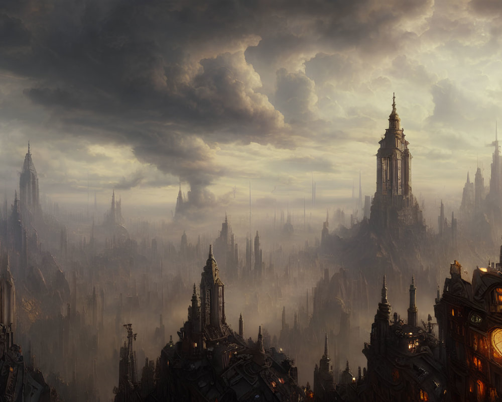 Gothic cityscape at dusk with towering spires