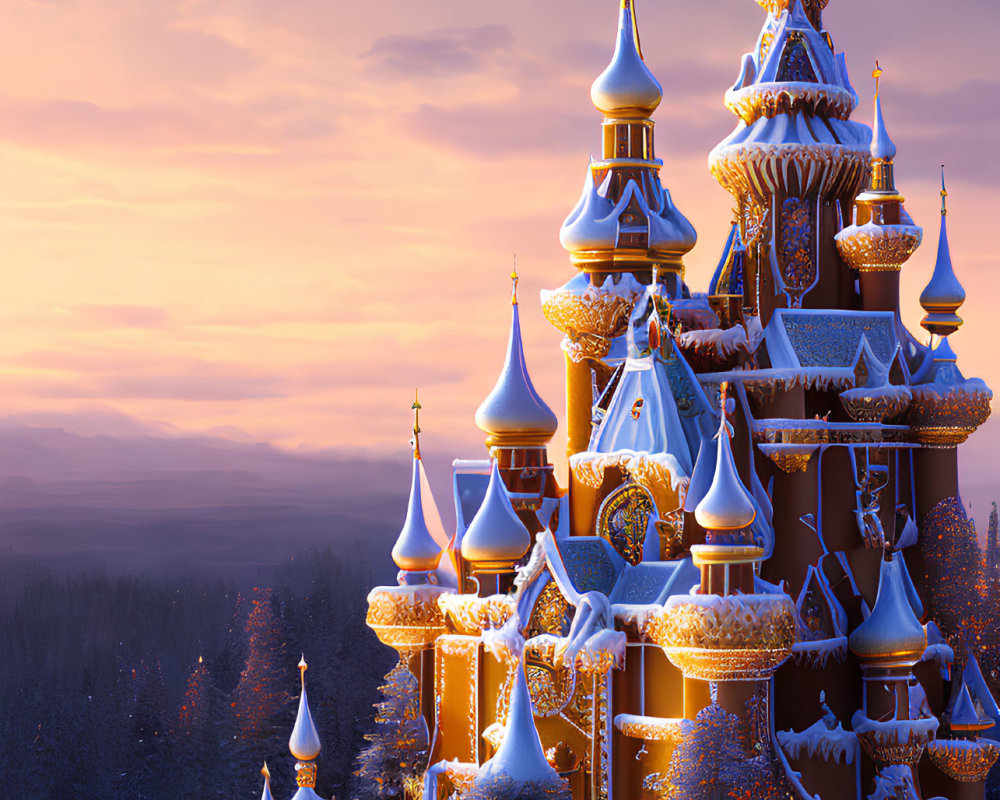 Snow-covered castle with golden accents in wintry forest at twilight