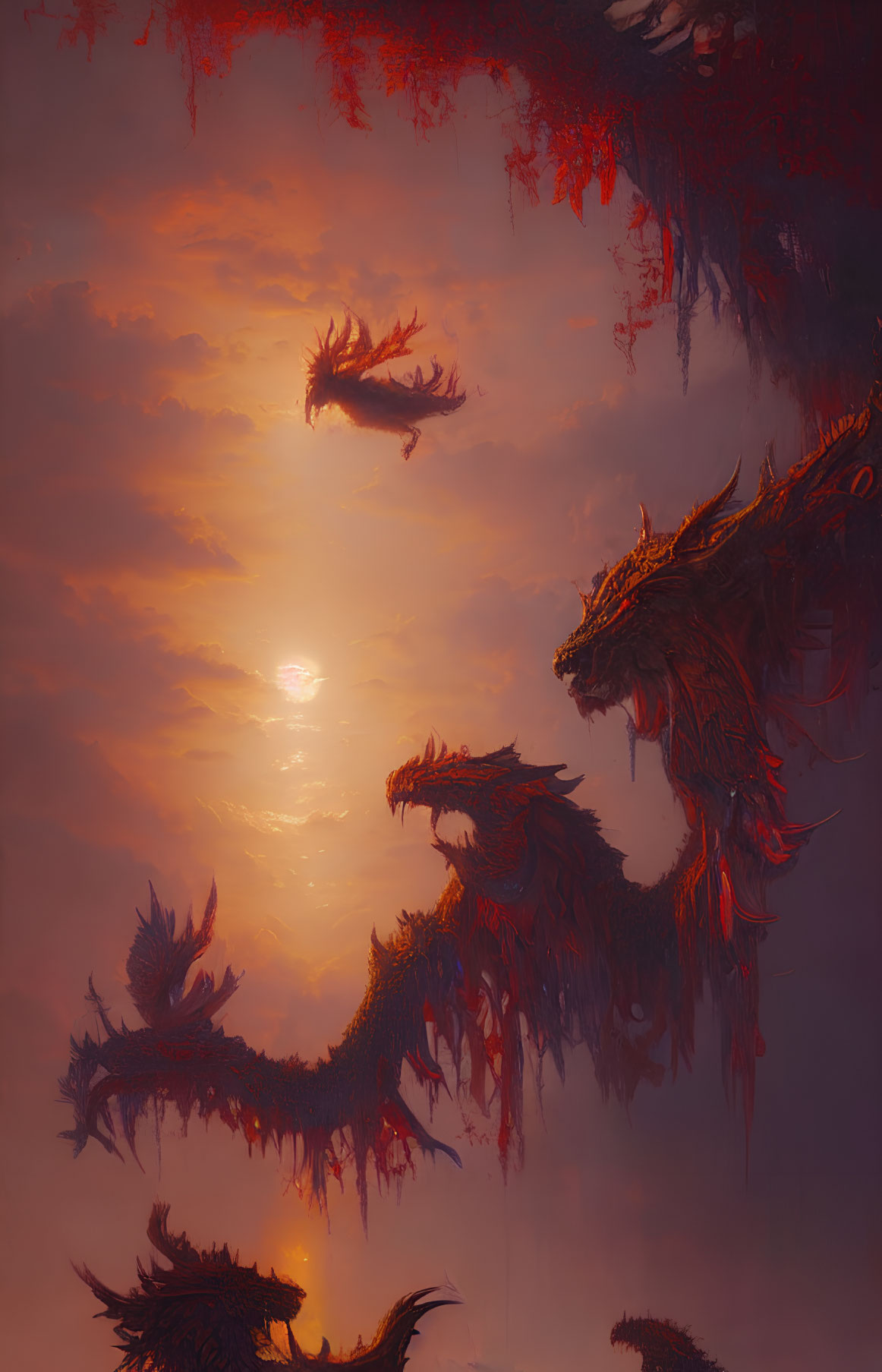 Dragons circling a sunlit axis in a mystical sky full of ancient magic