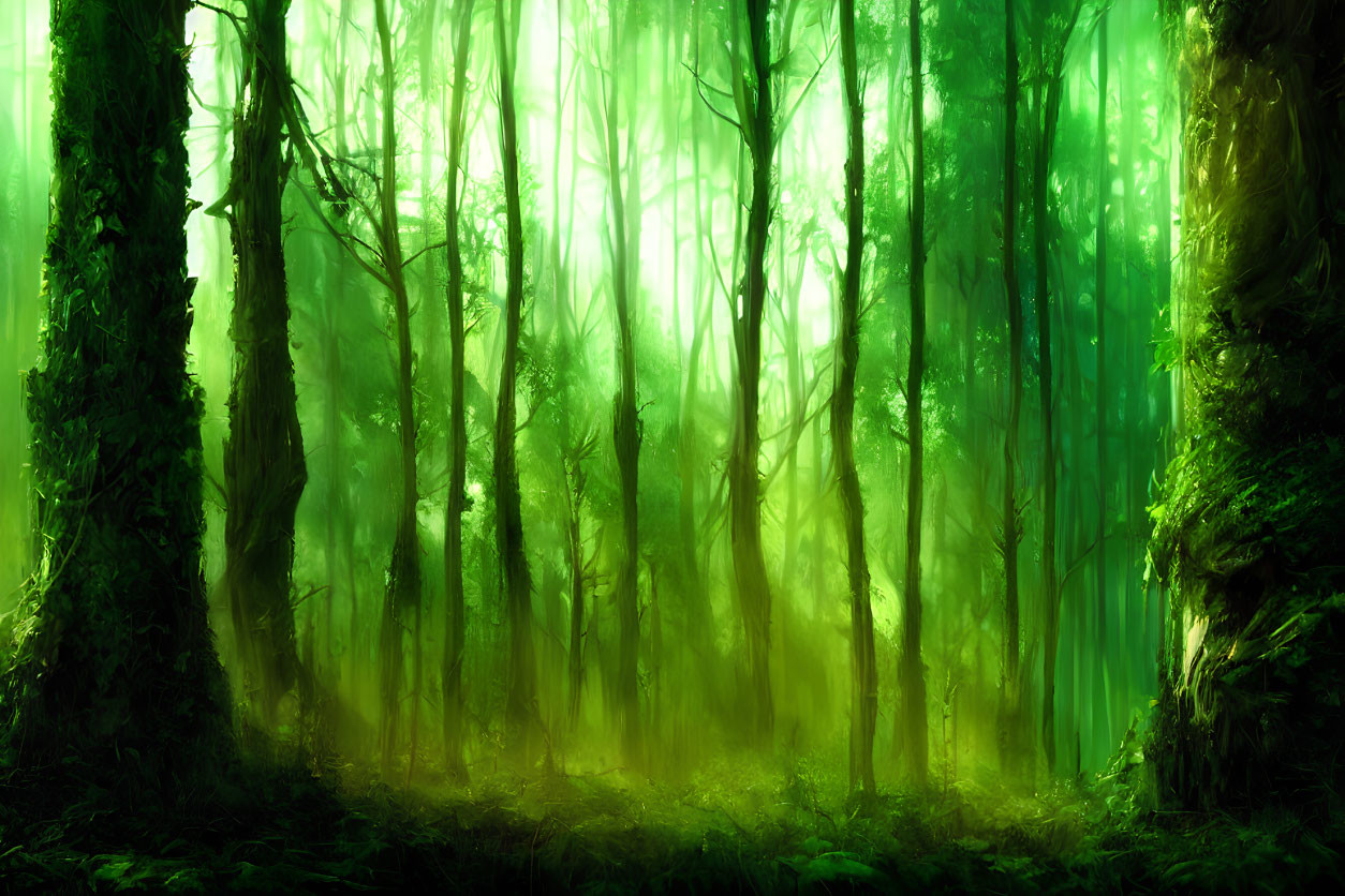 Sunlit Green Forest: Mystical Atmosphere & Dense Trees