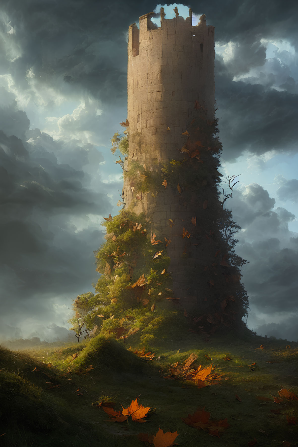 Solitary Stone Tower in Autumn Foliage Under Dramatic Sky