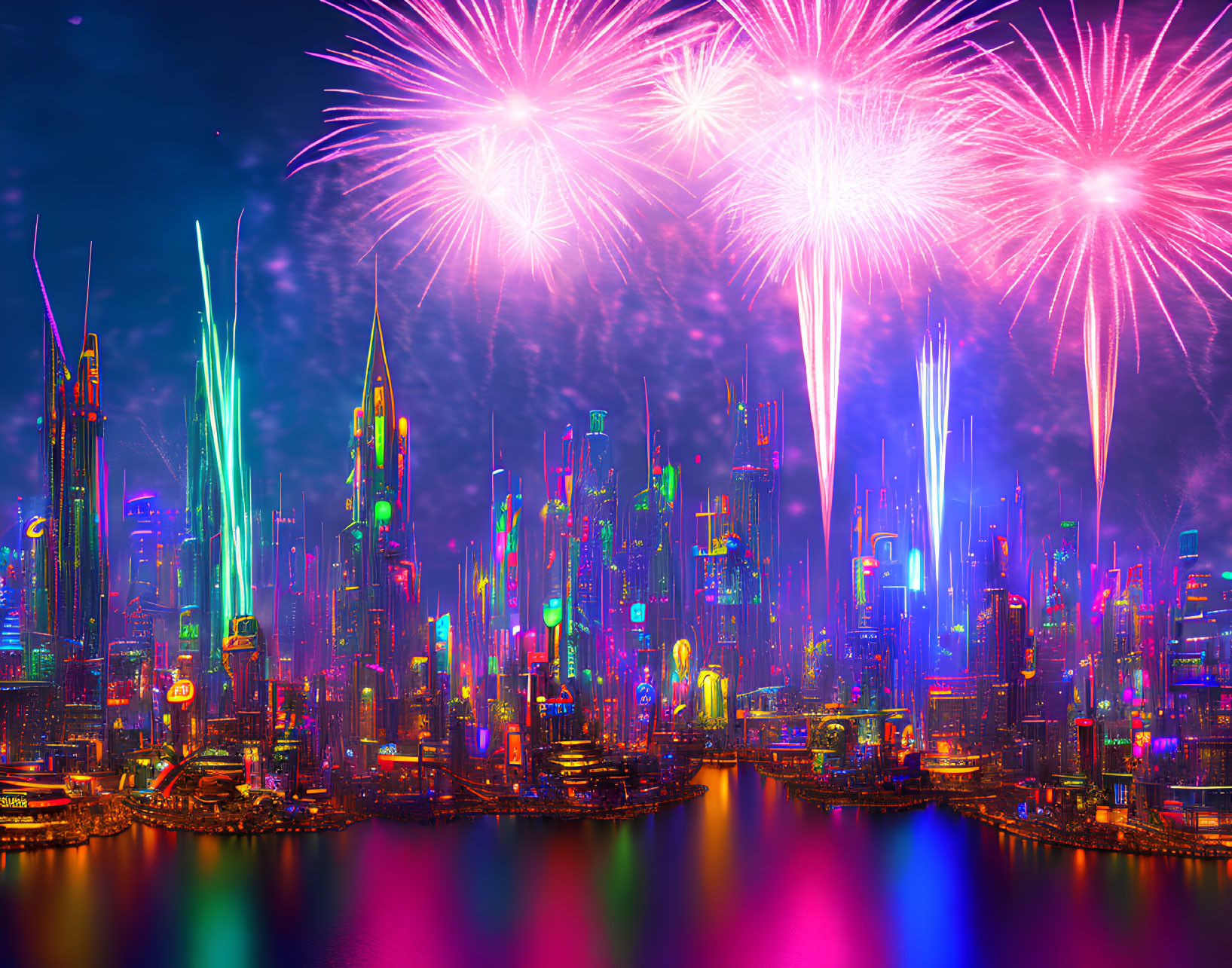Futuristic cityscape at night with neon-lit skyscrapers and fireworks display