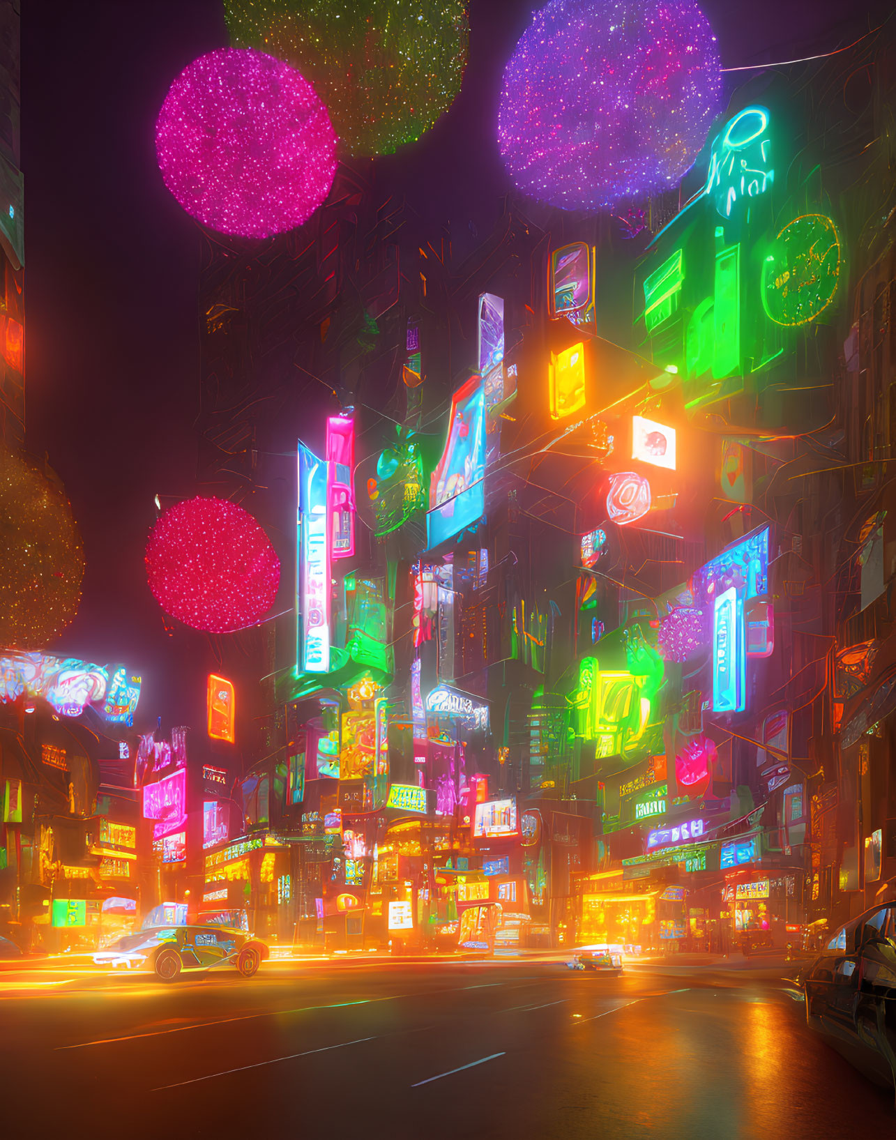 Vivid neon-lit futuristic cityscape at night with glowing billboards and holographic ads.