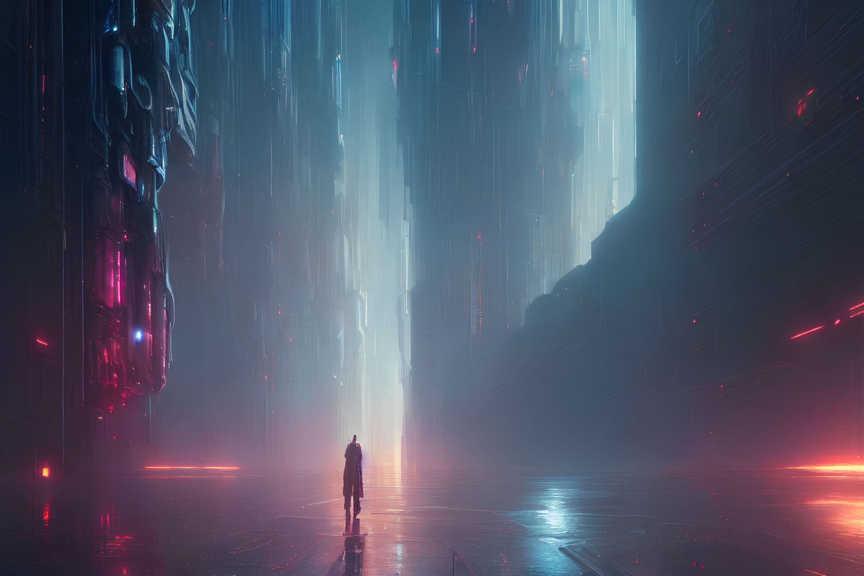 Solitary figure in futuristic cityscape with illuminated structures