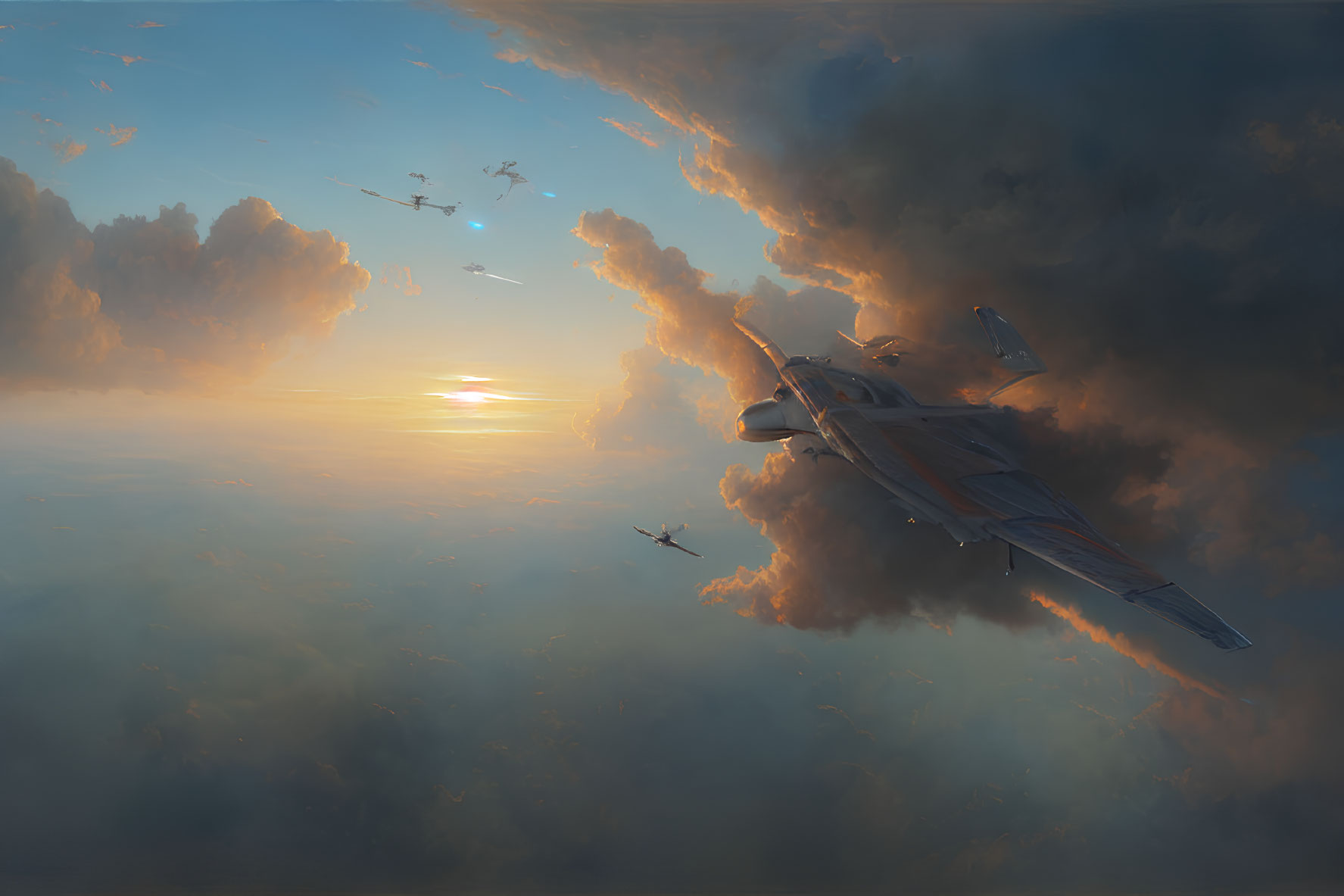 Dramatic sunset sky with futuristic aircraft flying high.