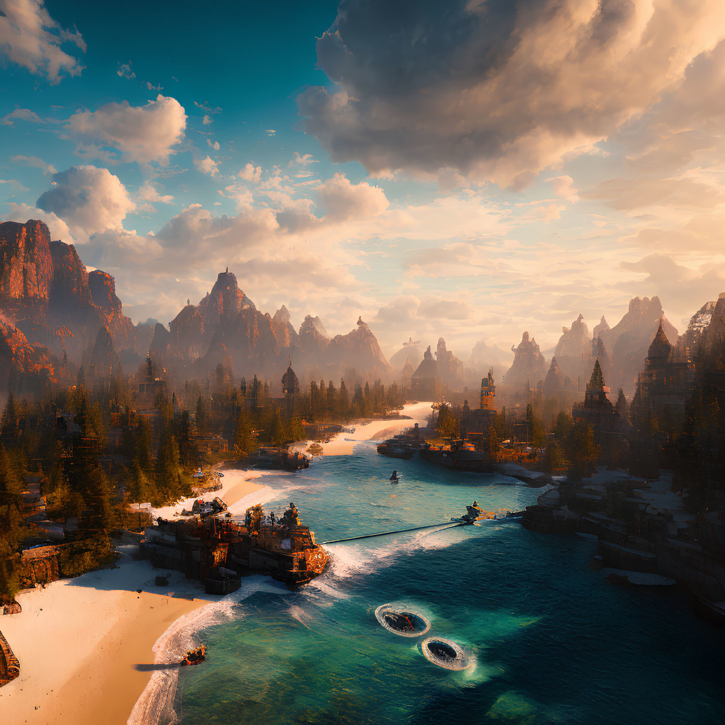 Majestic mountains, serene river, lush forests in fantasy sunset landscape