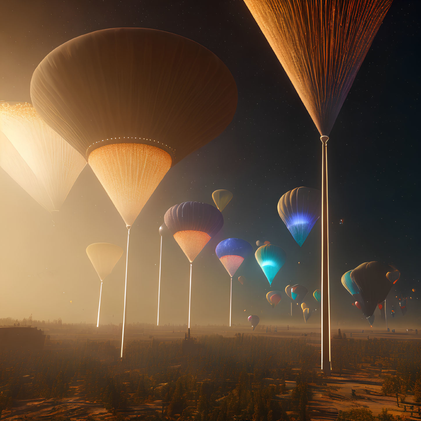 Ethereal giant balloon-like structures at sunset