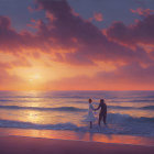Two people by the sea with surfboard under vibrant sunset sky
