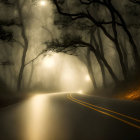 Foggy Night Road with Glowing Lamps and Headlights