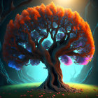 Majestic tree with thick trunk and orange leaves under twilight sky